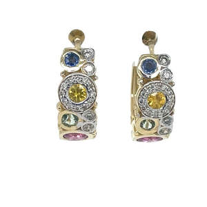 9k Yellow Gold Multi Colour Sapphires & Diamonds Huggie Earrings