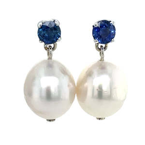 18k White Gold Sapphire & South Seas Pearl Drop Earrings