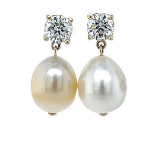 9k Yellow Gold 2.05ct Lab Grown Diamonds & South Seas Pearl Drop Earrings