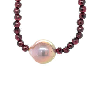 'Boyana Sunset" Garnet (4mm x 108) & 13-14mm Baroque Pearl Necklace