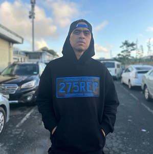 2025 Hoods: 275REP Number Plate Hoody – Blue on Black (On ON Blank)