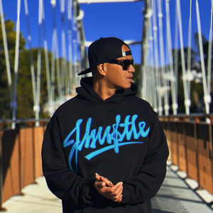 Hoodies: J-Hustle Teal & Royal Graffiti Appliqué Hoodie – Black