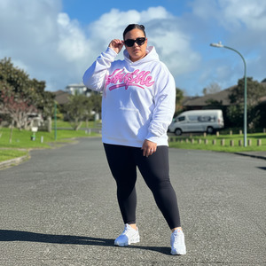 Hoodies: J-Hustle Pink Graffiti Appliqué Hoodie – White