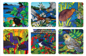 Products: Set of 6 cork backed wooden coasters depicting NZ birds