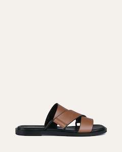 Slides: SHELBY FLAT SLIDES DARK TAN LEATHER