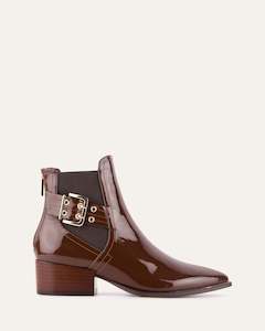 Flat Boots: RIVER FLAT ANKLE BOOTS DARK CHOC CRINKLE PATENT