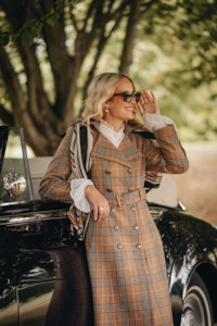 Brentwood Wool Tartan Tweed Trench Coat: Brentwood Wool Trench Coat - Camel Tweed