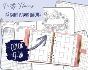 Printable Downloads: Pretty Flowers A5 Bujo Colouring Page Planner Inserts | For six-ring binders - Download and Print at home!