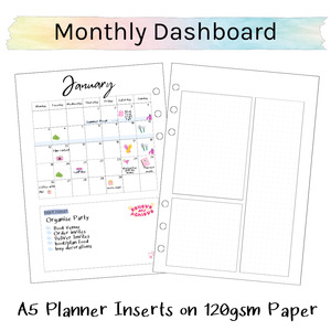 Journal Junkies Basics Inserts: Loose Leaf A5 Planner Inserts 120gsm | Undated Monthly Dashboard