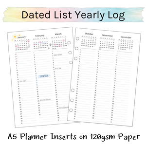 Loose Leaf A5 Planner Inserts 120gsm | 2026 Dated List Yearly Log