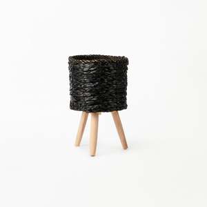 Natural Materials Bamboo Flax Reed Etc: Black Basket on Wooden Stand