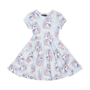 Clothing Toddler Dresses Skirts: RYK Blue Unicorn Waisted Dress