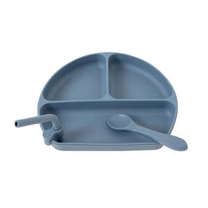 Tableware: All 4 Ella Silicone Plate/Straw/Spoon Set (Slate Blue)
