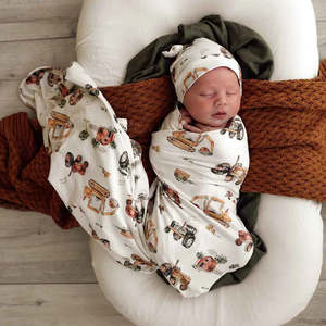 Snuggle Hunny Kids Baby Jersey Wrap & Beanie Set (Diggers & Tractors)