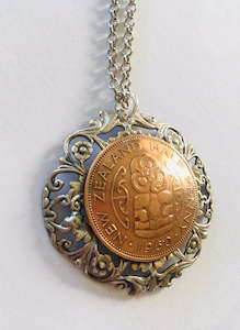 Jewellery: Large Half Penny Floral Circle Pendant - Mixed Metal