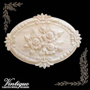 By Size 101mm To 200mm Small: Oval Floral Fleur De Lis Rosette wood applique  18cm x 25cm