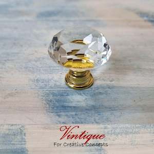 By Theme: Crystal Glass Cabinet Drawer Knob CLEAR with GOLD Base 30mm Dia