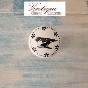 White Ceramic Cabinet Knob Bird on a branch 35mm Dia