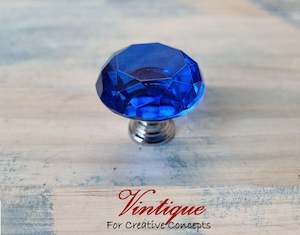 Vintiques Special Deals: Crystal Glass Cabinet Drawer Knob Sapphire Blue with Chrome Base 30mm Dia