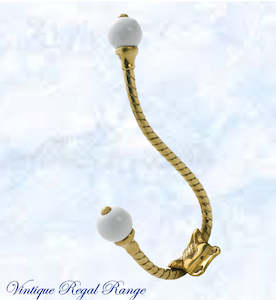 Vintage Coat Hooks: Polished Brass Rope Coat & Hat Hook w/- Porcelian tip 160mm high