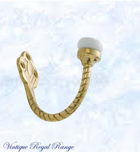 Vintage Coat Hooks: Polished Brass Robe Single Prong Robe Hook w/-Porcelain 60mmH