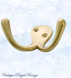 Polished Brass Double Prong Robe Hook 75mm wide
