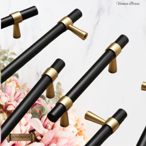 Vintage Metal Hardware: "Vicenza" Sovereign Black & Gold Brass cabinet T-Bar Handles -10 Sizes