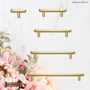"Syracuse" Rounded Brushed Brass cabinet T-Bar Handles -5 sizes