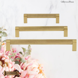 Vintage Metal Hardware: "Volterra" Sovereign Knurled Brushed Brass cabinet D-Handles -7 Sizes