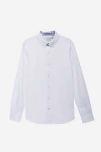 Shirts: Classic White Button-Down Long Sleeve Shirt with Chambray Contrast Trim