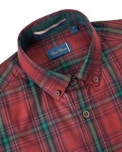 Shirts: Bare Brown Rust Red & Emerald Plaid Casual Long Sleeve Shirt