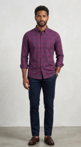 Shirts: Bare Brown Plum & Teal Plaid Casual Long Sleeve Shirt