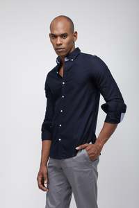 Shirts: Bare Brown Deep Navy Solid Button-Down Long Sleeve Shirt