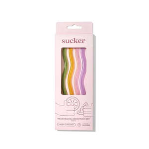 Lunchboxes: Re-Usable Glass Drinking Straws Wavy Multi-Colour