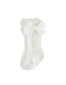 Knee-high Luxe Cable Knit Socks with Bows - White