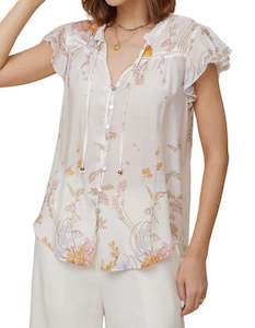 TOPS: Cyrene Flutter Sleeve V Neck Top in White Floral