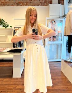 DRESSES: Kris Short Sleeve Button Down Midi Dress in White