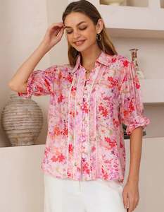Sale Tops: Orlyn Short Sleeve Button Front Blouse in Pink Floral