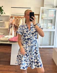 Sale Dresses: Ada Button Down Short Dress in Blue Print