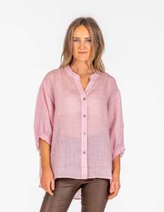 New Arrivals: River Button Down Collarless Sheer Linen Shirt in Blush