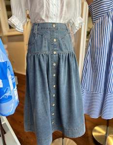 Clothing: Rodeo Drop Waist Button Detail Midi Skirt in Blue Denim
