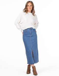 Clothing: Lark Stretch Denim Fitted Skirt in Dark Blue