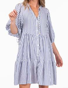 Relaxed Fit Dresses: Clara Button Front V Neck Dress in Blue Stripe