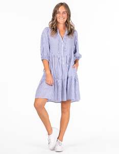 Eliza Button Front V Neck Dress in Blue/White Stripe