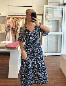 Fergie Drawstring Waist Midi Dress in Navy