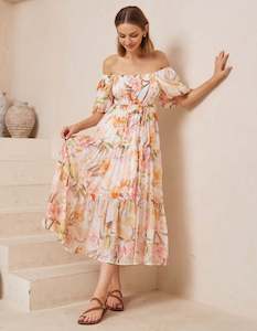 Storewide Discount Collection: Meadow Shirred Bodice Midi Dress in White Floral