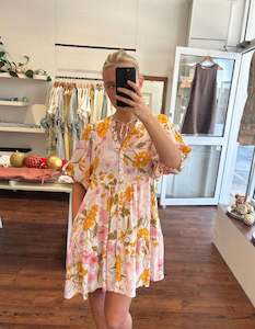 Storewide Discount Collection: Sarah Button Front V Neck Dress in Yellow/PinkFloral