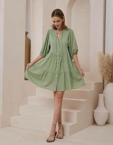 Sale Dresses: Presley Button Front V Neck Dress in Green