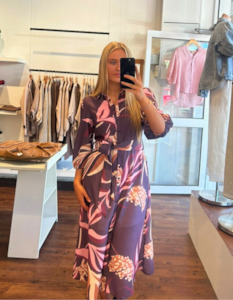 Storewide Discount Collection: Luna Half Sleeve Button Up Belted Midi Dress in Plum Print