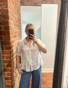 Sale Tops: Vera Linen-Cotton Button Up Short Sleeve Top in White